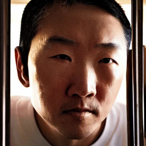 Prompt: a portrait of old justin sun in futuristic prison looking through the bars of his cell, by annie leibovitz, shallow depth of field, cinematic lighting