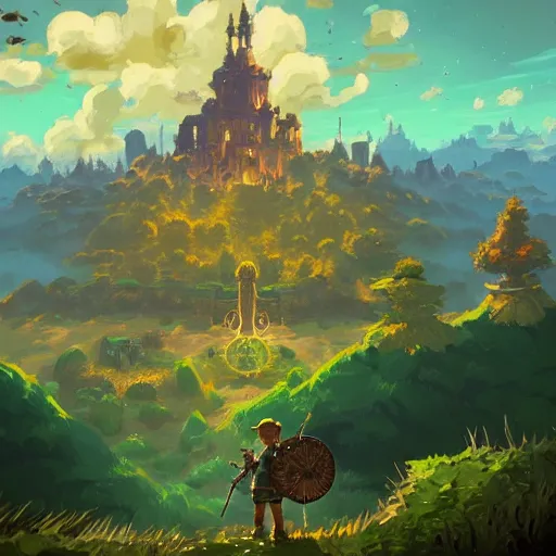 Image similar to a beautiful digital matte painting of a verdant fantasy countryside, breath of the wild, hyrule, inspired by cyril rolando, david wiesner, many golden layers, orange color tone, very far royal steampunk castle, cgsociety, tarot card, trending on artstation, azure sky