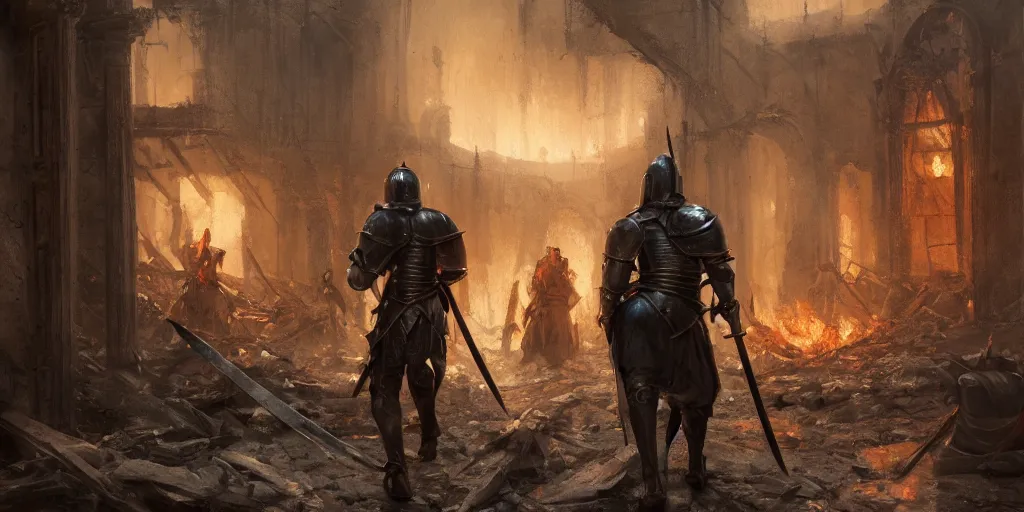 Image similar to a painting of a cinematic keyframe of a medieval knight warrior with his sword walking into a destroyed medieval town, with fire by greg rutkowski, rule of thirds, golden ratio, ambient lighting, wlop, artgerm, artstation, highly detailed masterpiece, dark fantasy art, high detail, trending on artstation