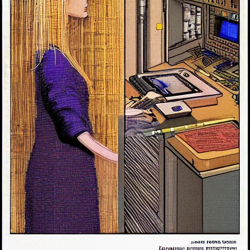 Prompt: a female neuroscientist trying to understand a microprocessor, jean giraud and waterhouse