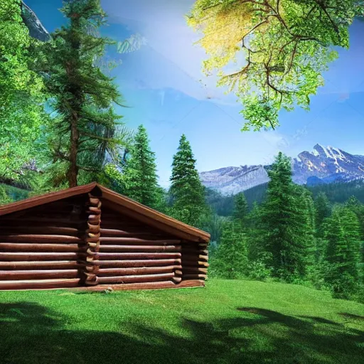 Image similar to log cabin in the forest, mountain behind log cabin, realistic