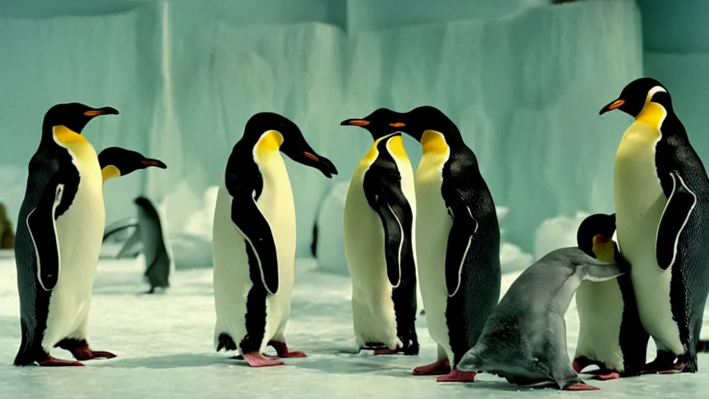 Image similar to restaurant for penguins, film still from the movie directed by denis villeneuve and david cronenberg with art direction by salvador dali and dr. seuss