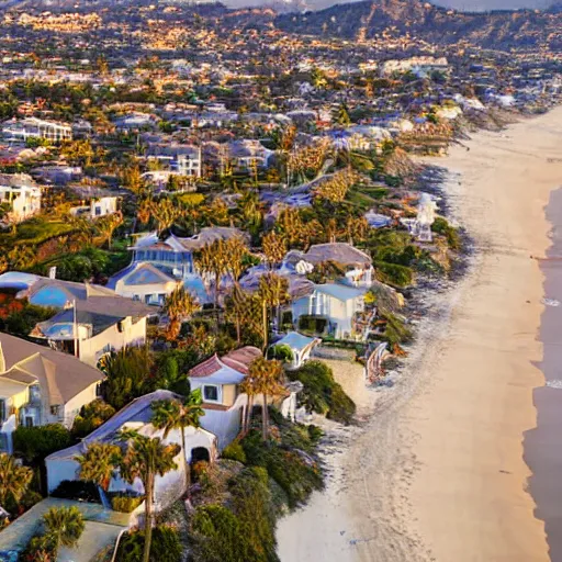 Image similar to overhead view california beach town golden hour shimmering sands luxury homes