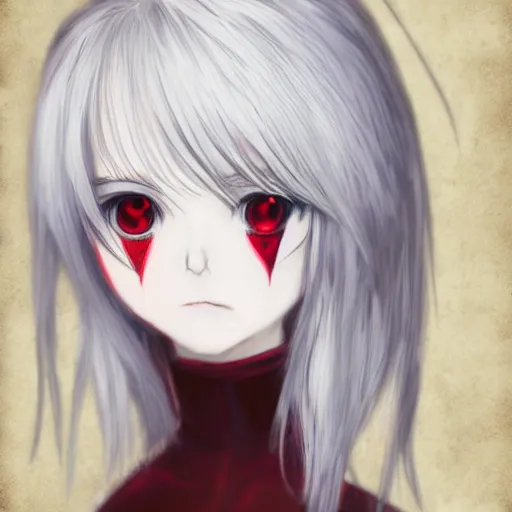 Prompt: white hair, red eyes, two little horns on the head, anime style, anime girl, sketch