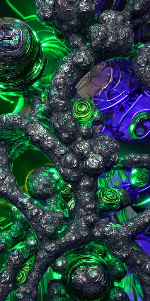 Image similar to 3 d photographic render of mandelbulb sculpture, neon circles, chrometype, made of liquid metal, neotribal with thorns and green thunders, cyberpunk, raytracing, hyper realistic, volumetric lightning, 8 k, by zhelong xu and ouchh studio