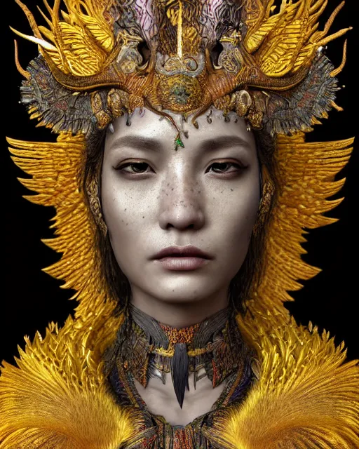 Image similar to 3 d warrior goddess close - up profile portrait. beautiful hyperrealistic intricate highly detailed chuu!! magpie helm and richly embroidered blouse, quetzalcoatl, bioluminescent, angry, gilded, plasma, lava, ice, feather, windy, artwork by tooth wu and wlop and annie leibovitz, octane 3 d render