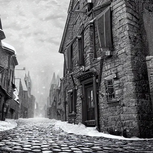 Image similar to an ultra detailed black and white tarot card of the quaint town of galic, grid shaped city cobblestone streets, fantasy city, the morning after a heavy snowfall, wind, inspiring gothic architecture, ultrawide lense, aerial photography, unreal engine, exquisite detail, 8 k, art by greg rutkowski and alphonse mucha