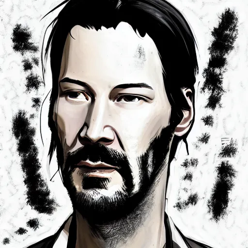 Image similar to keanu reevez in the art style of disco elysium