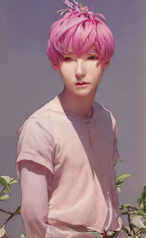 Image similar to androgynous cute pink haired yoongi wearing greek clothes, muted colors, colorful flowers, tropical, sunlight filtering through skin, j. c leyendecker, by alan lee, wlop! illustrated by starember, fantasy art by craig mullins cfg _ scale 8