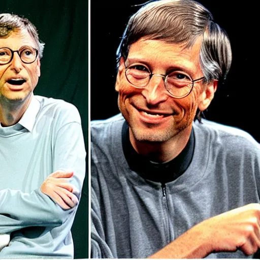 Prompt: Bill Gates and Steve Jobs starting to merge together. Their heads are halfway through the process.
