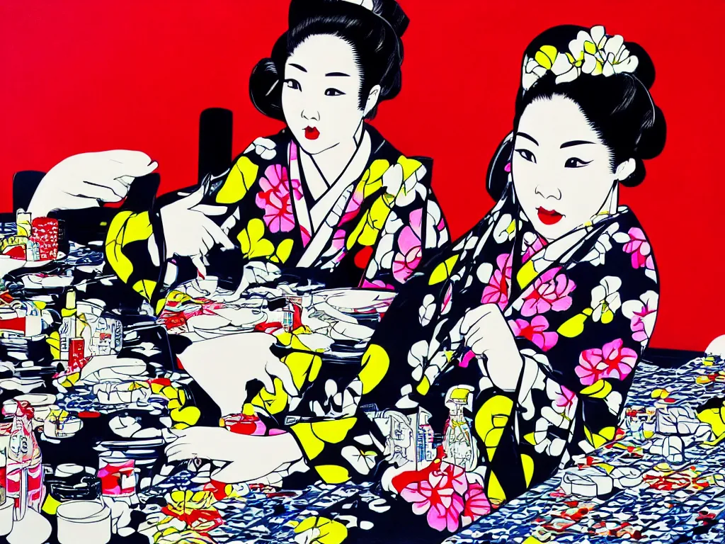 Image similar to hyperrealistic composition of the detailed woman in a japanese kimono sitting at a poker table with detailed darth vader, fireworks, mount fuji on the background, pop - art style, jacky tsai style, andy warhol style, roy lichtenstein style, acrylic on canvas