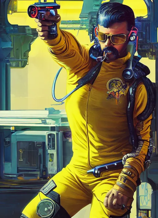 Prompt: mustached athlete in yellow jumpsuit. cyber dude firing a futuristic red automatic pistol with huge magazine. ad for pistol. cyberpunk poster by james gurney, azamat khairov, and alphonso mucha. artstationhq. gorgeous face. painting with vivid color, cell shading. ( rb 6 s, cyberpunk 2 0 7 7 )