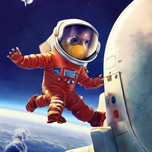 Image similar to astronaut penguin floating in space, movie by nuri iyem, james gurney, james jean, greg rutkowski, anato finnstark. pixar. hyper detailed, 5 0 mm, award winning photography