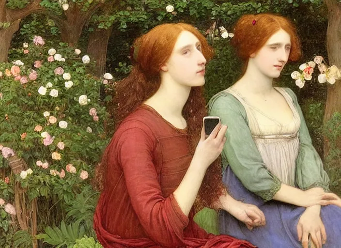 Prompt: a very very very colorful Pre-Raphaelite painting of two smiling women in a lush garden brushing their hair, holding iPhones, by Waterhouse