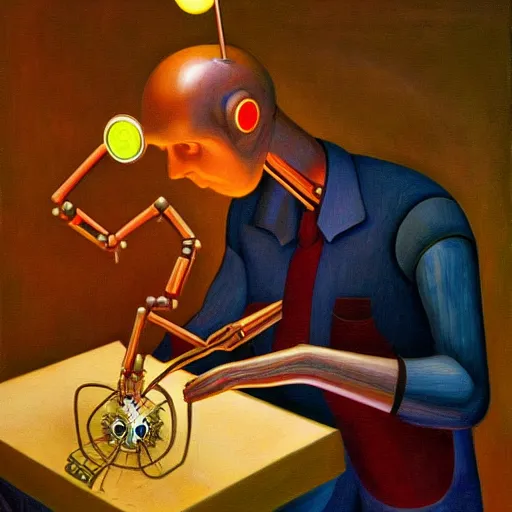 Prompt: mad scientist building a cyborg robot with a human brain, grant wood, pj crook, edward hopper, oil on canvas