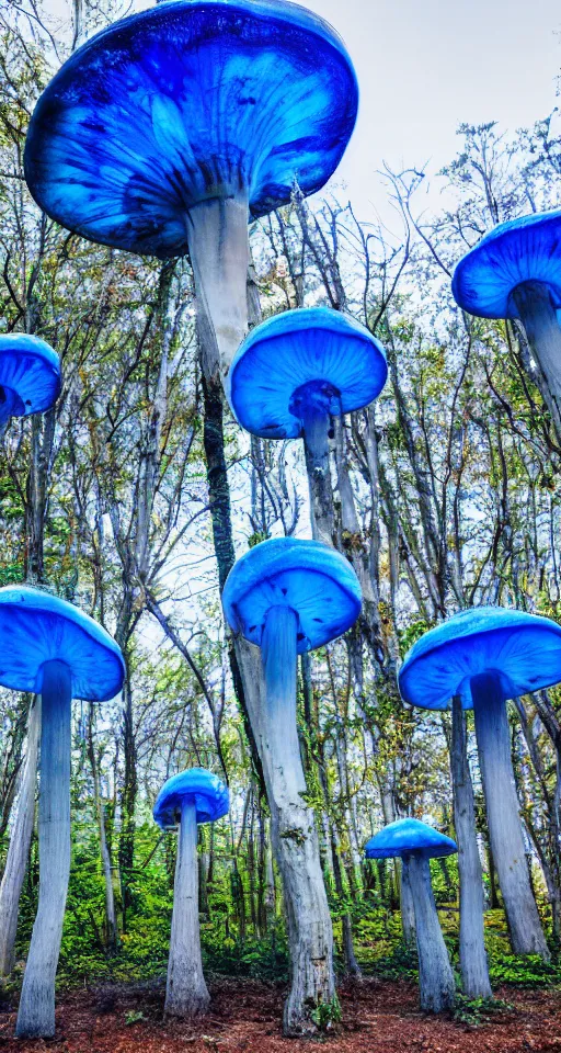 Prompt: 4 huge glowing blue mushrooms grow from the same spot, Sony a7R