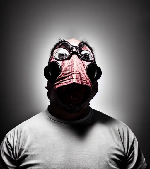 Prompt: portrait of the invisible man, angry look, dark background, studio light, hdr, canon eos r 3, f / 1. 4, iso 2 0 0, 1 / 1 6 0 s, 8 k, raw, unedited, symmetrical balance, in - frame