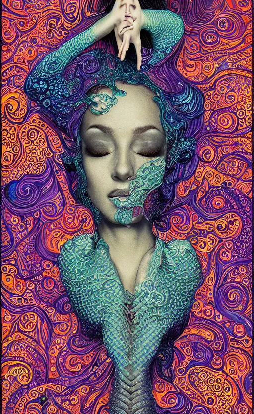 Image similar to detailed intricate amazing poster for a weird, euphonious and lamprophony beautiful woman on onlyfans in a turbulent ocean, by keith beltramini and tim white. pointillism. hypermaximalist. beautiful arabic patterns. unreal engine. trending on artstation.