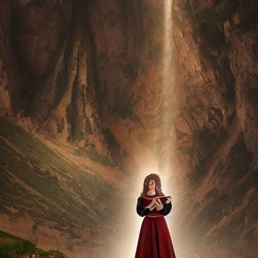 Image similar to renaissance woman using a smarting , centered full body shot, full pov, studio light, italian mountains background, intricate, epic lighting, cinematic composition, hyper realistic, 8k resolution, unreal engine 5