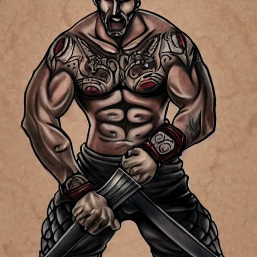 Image similar to muscular bald man, tattooed body, sword in hands, HD, anime style,