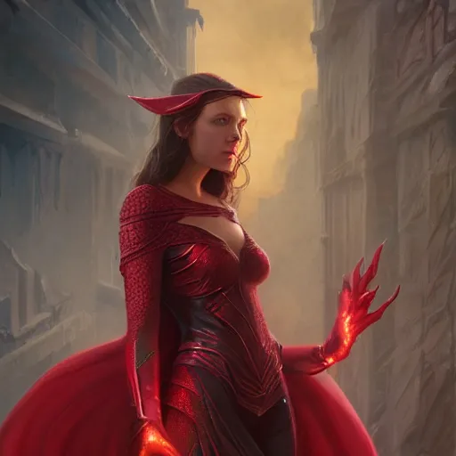 Prompt: scarlet witch stands tall, crackling magic, DnD character art portrait, matte fantasy painting, DeviantArt Artstation, Character design, intricate artwork by Tooth Wu and greg rutkowski, cinematic, hyper realism, high detail, Vibrant colors, Smooth gradients, High contrast, depth of field