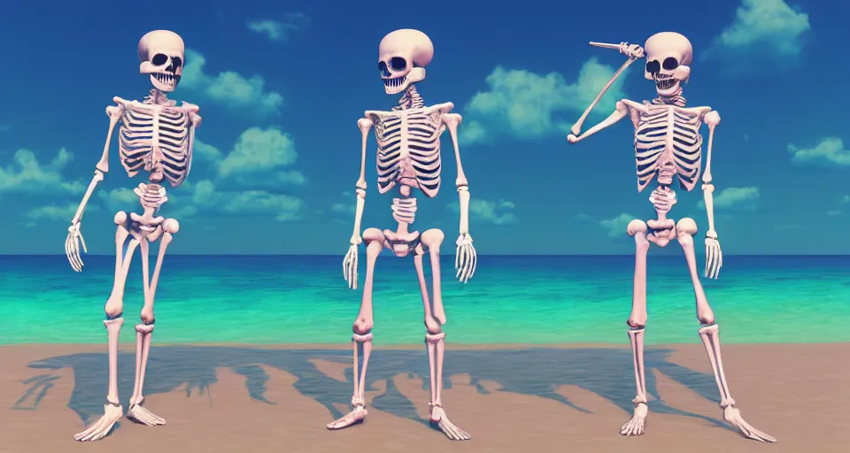 Image similar to fullbody vaporwave art of a fashionable skeleton at a beach, early 90s cg, 3d render, 80s outrun, low poly, from Hotline Miami