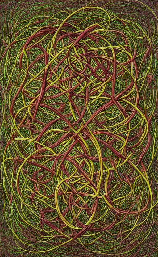 Image similar to a network of thick vines intertwined in the shape of a Celtic knot, central composition, in the style of Peter gric and Hannah yata 8k