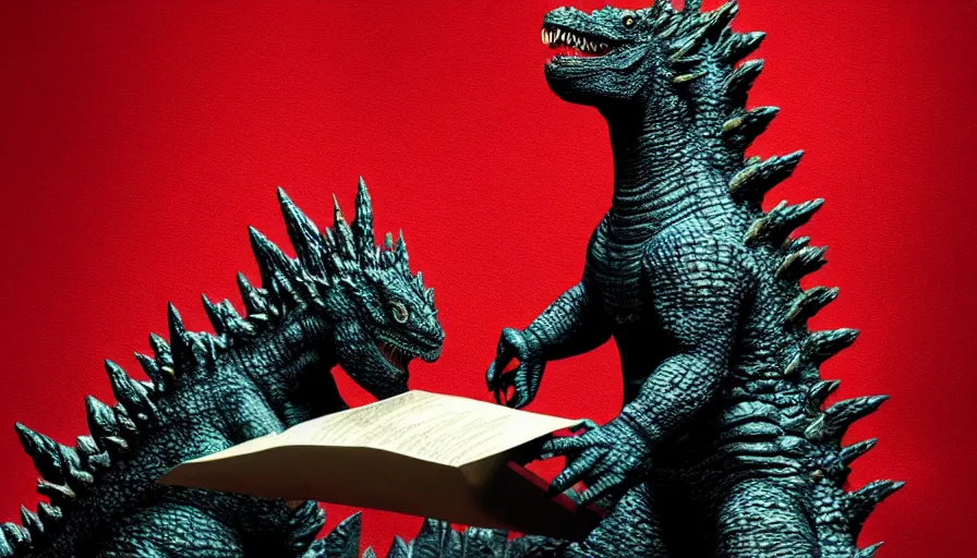 Image similar to Godzilla reading a movie script on a red couch, hyperdetailed, artstation, cgsociety, 8k