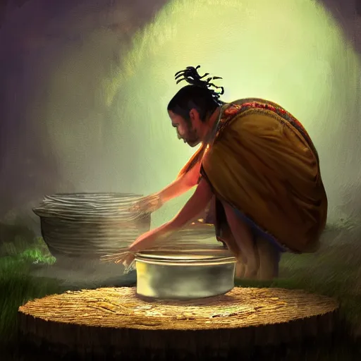 Image similar to a shaman preparing a magic decoction in a dreamy atmosphere, 4 k, 3 d, digital painting