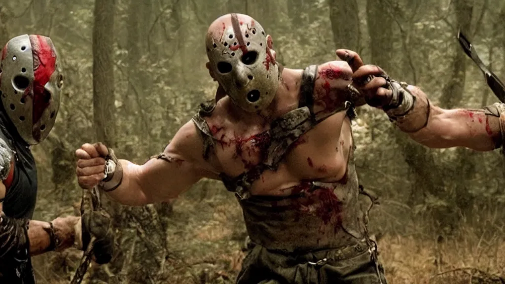 Prompt: kratos fighting jason voorhees, horror movie still image