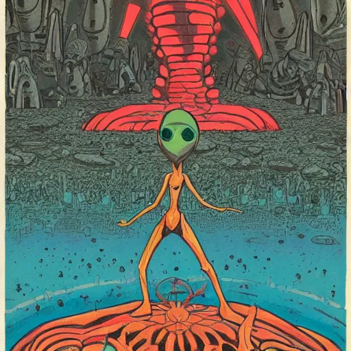 Image similar to an alien meditating in front of a giant black power fist in the center, worshipped by aliens dancing in lava fields by victor moscoso and john berkey