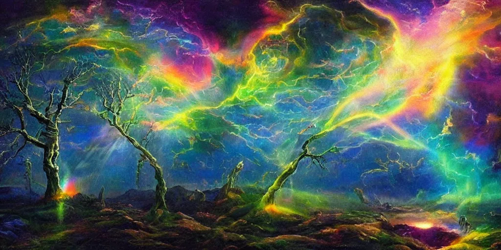 Prompt: the ghost of the world tree radiates rainbow light into the dark cosmos, epic painting, romanticism, atmospherics