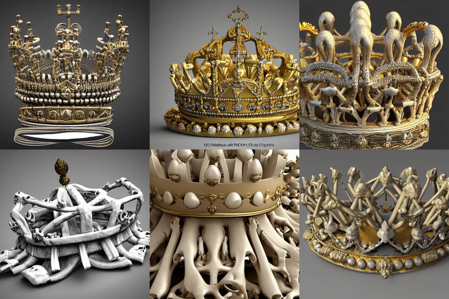 Prompt: a render of a crown made of bones, luxurious, detailed, 3 d render, sharp image, yellowd up bones, old object, very detailed, expensive, realistic