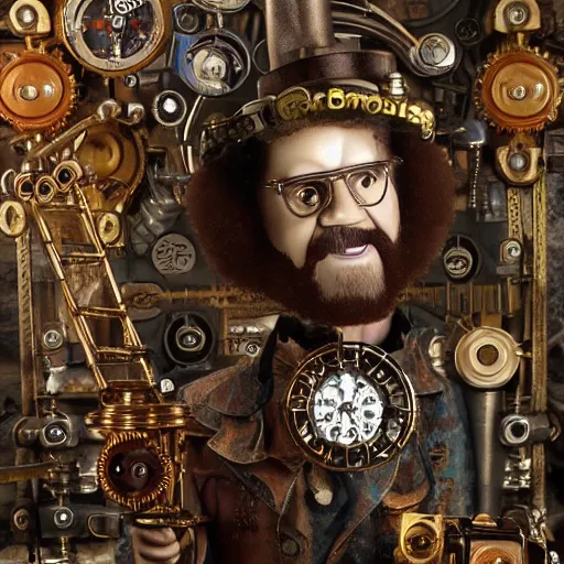 Prompt: Bob Ross as a clockwork robot steampunk style, highly detailed, intricate, various gears, studio lighting, award winning, by Chris Cole, Ken Draim, David Bowmen