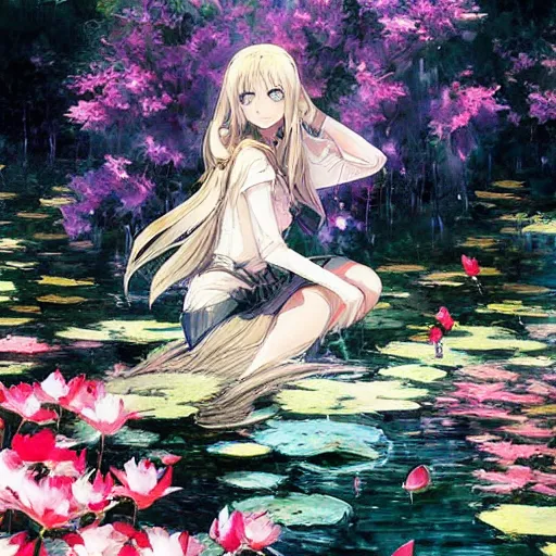 Image similar to isekai masterpiece drawn byaenami alena, atroshenko andrew, asencio henry, averin alexandr, blanchard antoine, bussiere gaston of a beautiful anime girl sitting in a pond filled with lily pads and koi fish