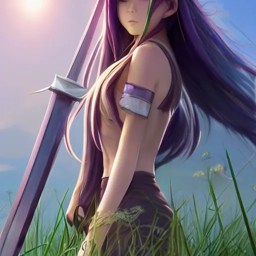 Prompt: girl with purple long hair holding a sword, serious, extremely detailed, made by wlop, studio ghibli, artgerm, full body portrait, illustration, grass, sunny, sky, anime, side view, perfect anime face, detailed face,