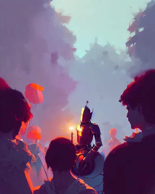 Image similar to hyper - realistic portrait of a knight in a music festival, digital painting, by atey ghailan, by greg rutkowski, by greg tocchini, by james gilleard, by joe fenton, by kaethe butcher, sharp focus