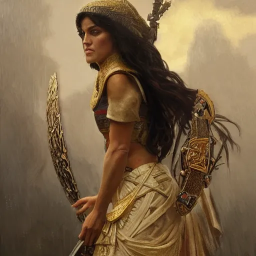 Prompt: Melissa Fumero as a noble in the Mycenaean period, intricate, highly detailed, digital painting, artstation, concept art, sharp focus, illustration, art by greg rutkowski and alphonse mucha