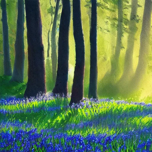 Prompt: Bluebells on a hillside, evening light rays through trees, golden hour, highly detailed, photorealistic, soft focus