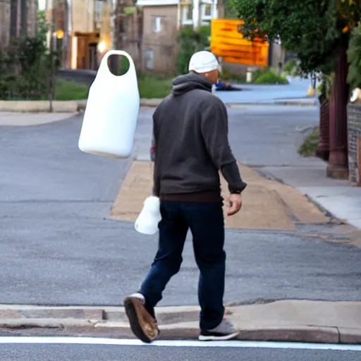 Prompt: white man walking down the street with a gallon of milk