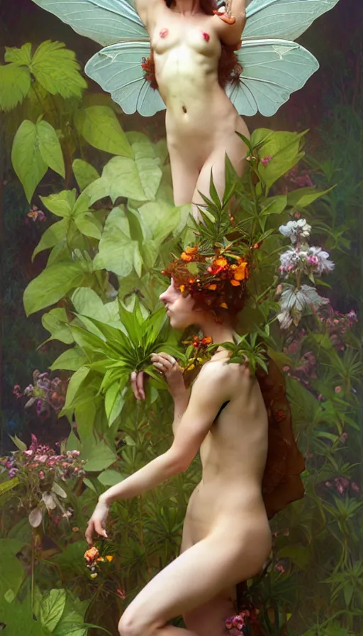 Image similar to hyper realistic weed fairy, plants covering her full body painted by valerie hammond, tom bagshaw, mucha, gaston bussiere, craig mullins, j. c. leyendecker 8 k