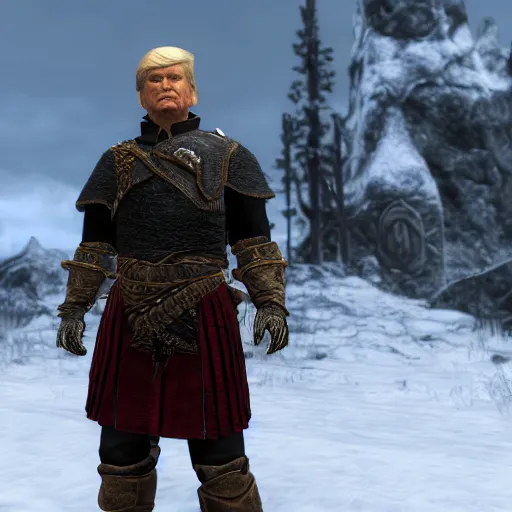 Image similar to a screenshot of donald trump in skyrim, 4 k detail