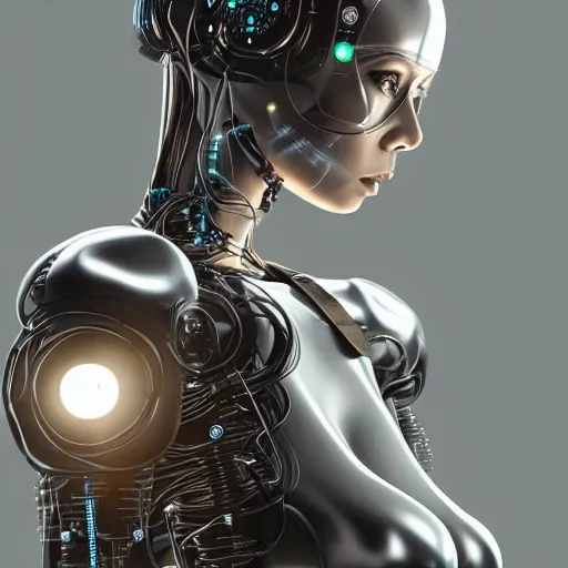 Image similar to a beautiful woman wearing robot suit with wires and light, highly detailed, photorealistic, artstation, smooth