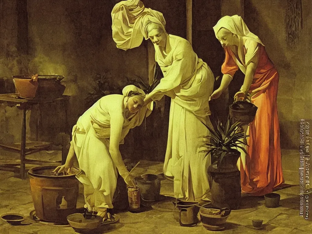 Prompt: Woman planting a large Aloe Vera in a pot. Candle light. Painting by Georges de la Tour.