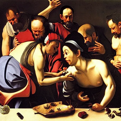 Image similar to doctors doing a operation on a cartoonish banana, caravaggio