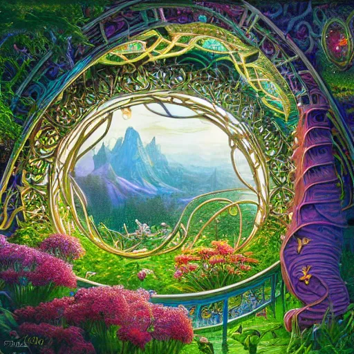 Image similar to cosmic garden ridge nature photography intricate details fantasy art nouveau weird by artgerm, frank gehry, evgeny lushpin, m. c. escher, rhads, john howe, lisa frank, greg rutkowski