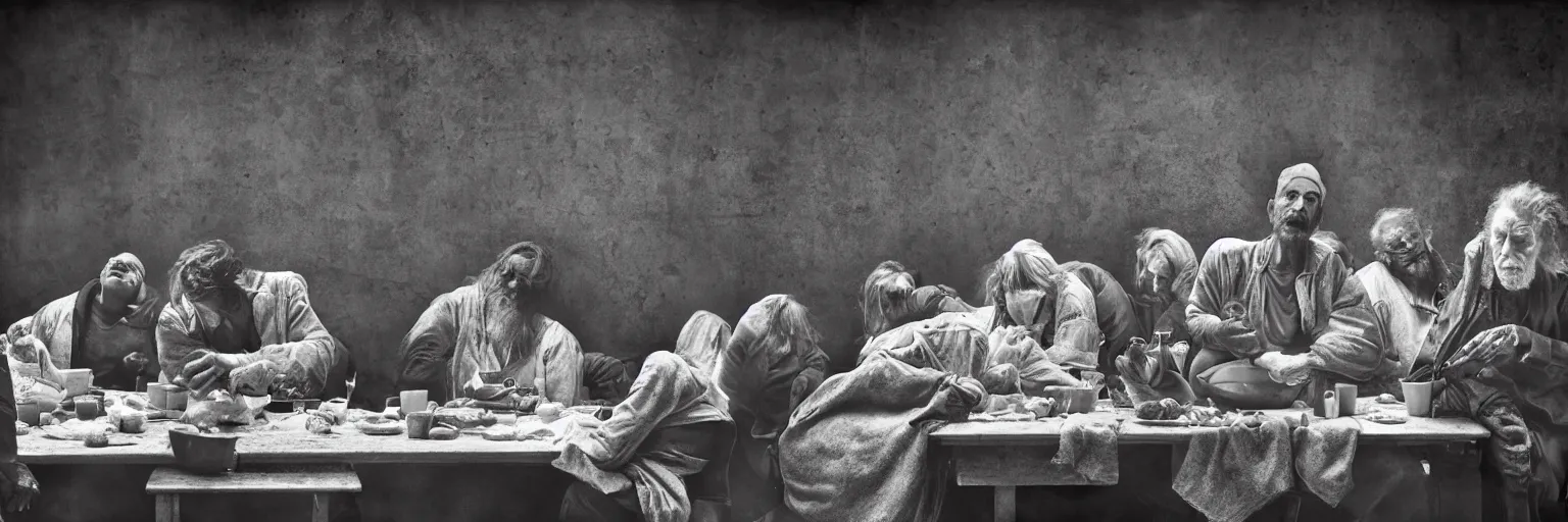 Image similar to Award Winning Editorial wide-angle picture of a Tramps in a new York Soup Kitchen by David Bailey and Lee Jeffries, called 'The Last Supper', 85mm ND 5, perfect lighting, gelatin silver process