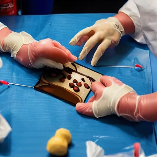 Prompt: a highly skilled surgeon demonstrates to their students how to transplant an anthropomorphic M&M candy's peanut filling for caramel filling, high intensity, ER drama, sweat, concentration, extreme close up, UE5, award winning documentary, 3D render, national geographic, cover of LIFE magazine, 'Disney+'