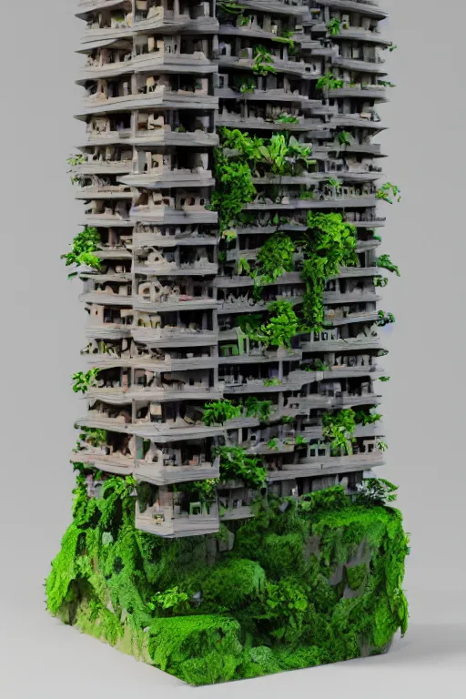 Image similar to 3 d printed physical model organic flowy including more than one city into one vertical building model that sits on a table in a room with a view back, multiple stories, transparent, with vegetation, colorful, wooden material, section cut, eye - level view, 8 0 k, octane render, highly detailed 3 d render,