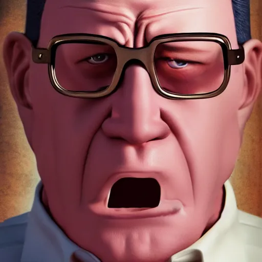 Prompt: angry hank hill with shotgun, extreme detail, studio light, photorealistic, live action, movie still, cinematic, bruised face, soft focus, well edited, 8 k, atmospheric, cigar,